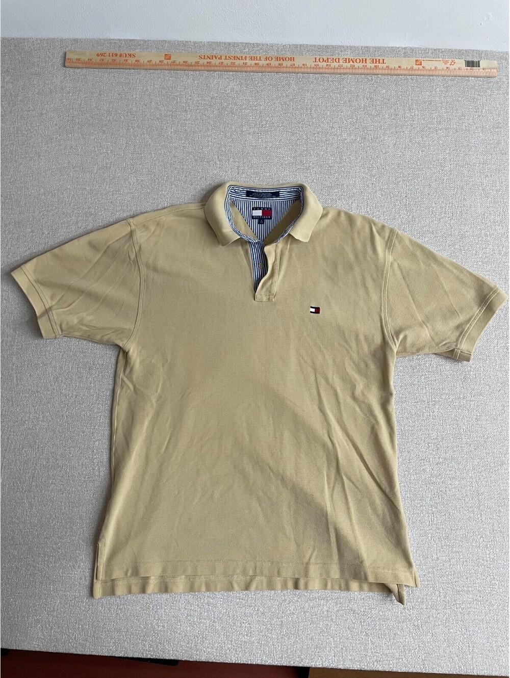 Vintage Tommy Hilfiger Mens Large Tan Polo Shirt Striped Collar Placket Flag Log